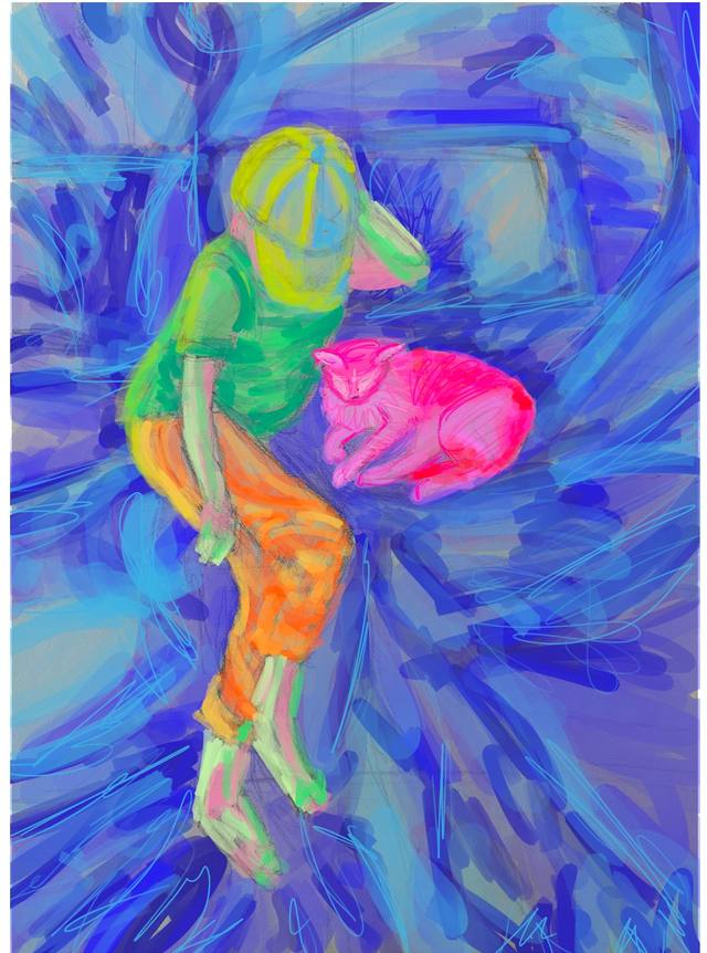 A boy in green and orange holding a bright pink cat, painted in loose swirling brushstrokes over a field of blues and violets.