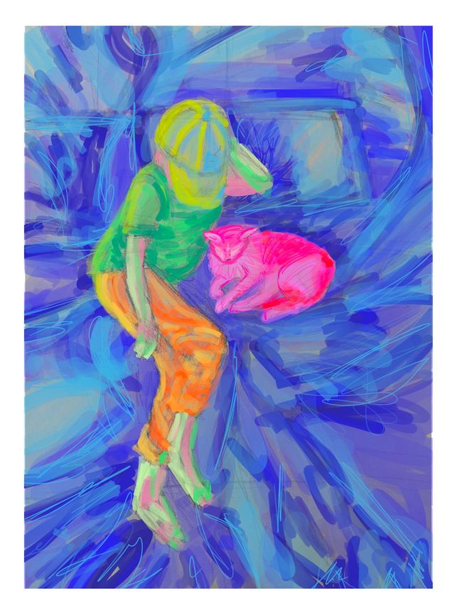 A Boy And A Cat — A boy in green and orange holding a bright pink cat, painted in loose swirling brushstrokes over a field of blues and violets.