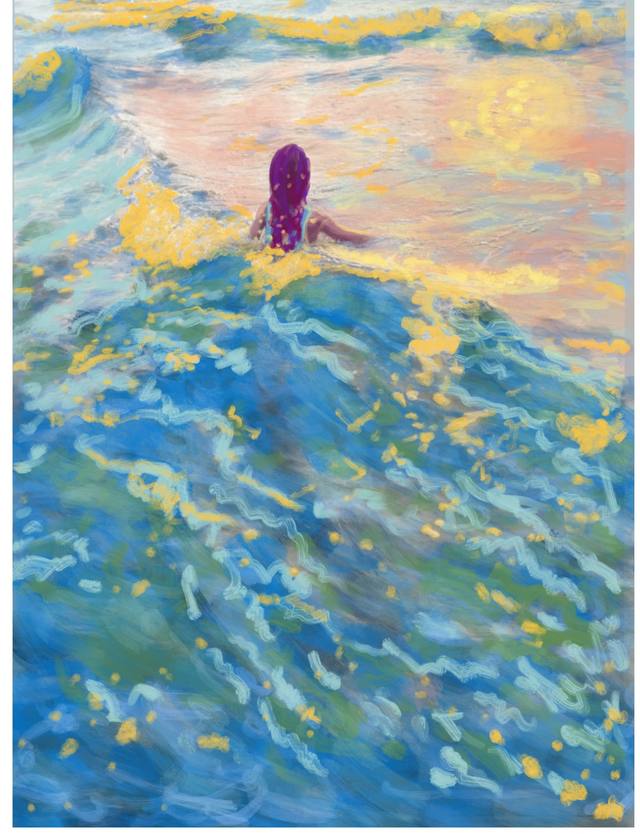 A figure with long dark hair swimming away from the viewer through choppy turquoise water, under a soft yellow and pink sunrise sky.