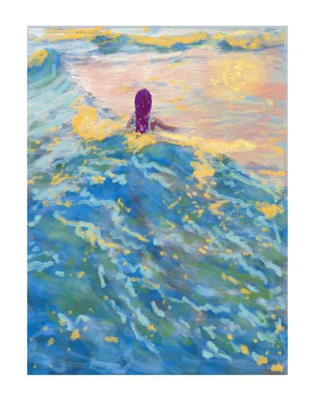 A Life Of Sunshine — A figure with long dark hair swimming away from the viewer through choppy turquoise water, under a soft yellow and pink sunrise sky.