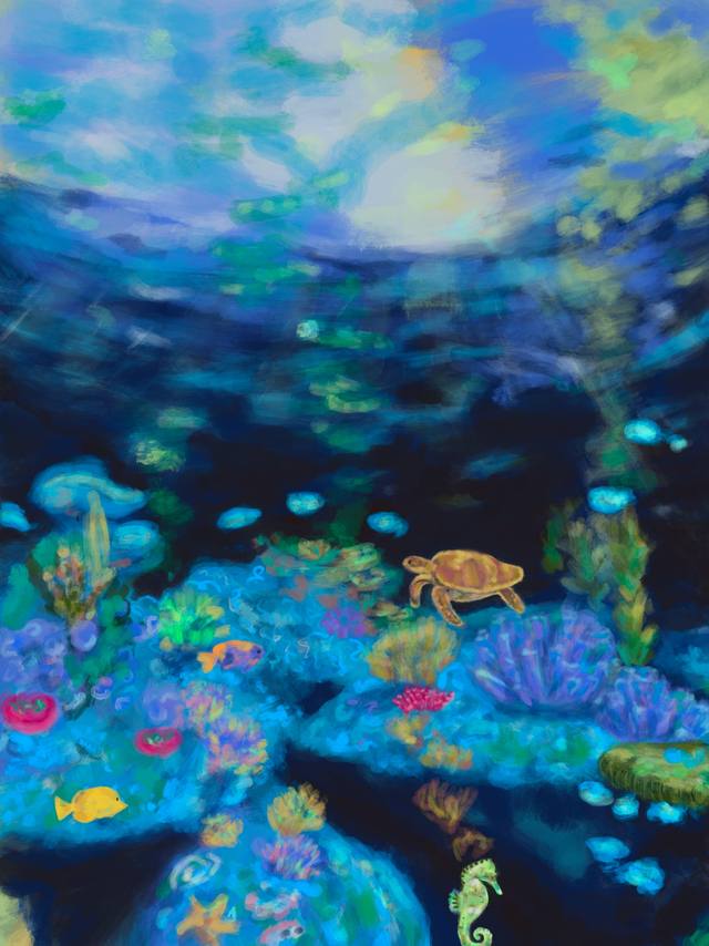 An underwater scene in deep blues and greens, with a turtle, seahorse and small fish moving among coral, seen as if from below the surface.