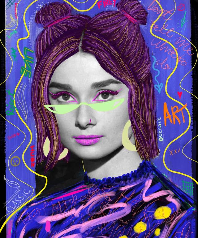 A stylised portrait of Audrey Hepburn against violet, her hair in twin buns, wearing neon-yellow sunglasses pushed up and a dark patterned jacket, with loose yellow line work around her.