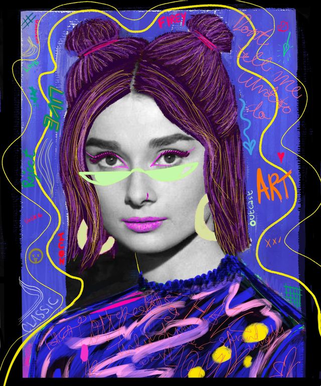 hepBURN — A stylised portrait of Audrey Hepburn against violet, her hair in twin buns, wearing neon-yellow sunglasses pushed up and a dark patterned jacket, with loose yellow line work around her.