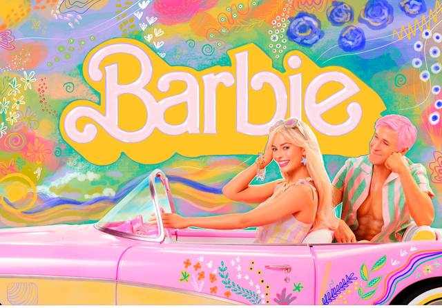 Barbie and Ken seated in a pink convertible beneath the Barbie logo, surrounded by hand-painted flowers and doodles on a pastel ground.