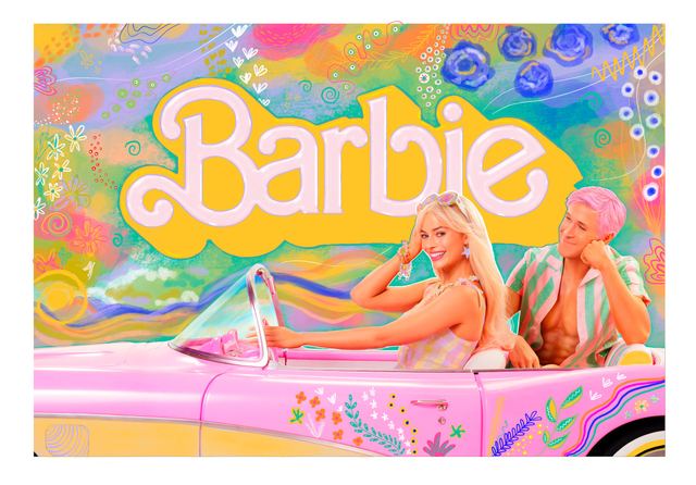 Barbie — Barbie and Ken seated in a pink convertible beneath the Barbie logo, surrounded by hand-painted flowers and doodles on a pastel ground.