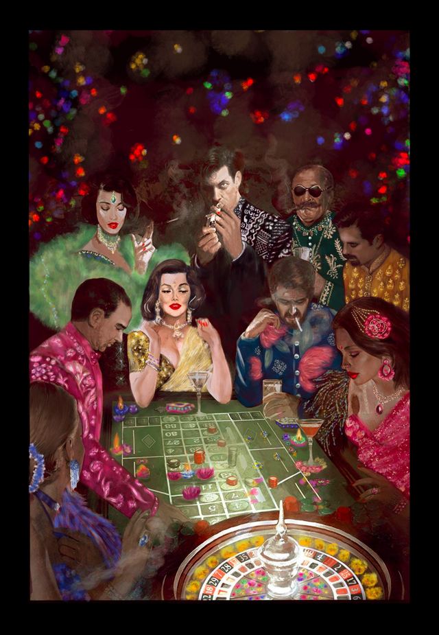 main character energy — A dimly lit casino table seen from above, elegantly dressed figures gathered around a roulette wheel, with fireworks scattered across the dark background.
