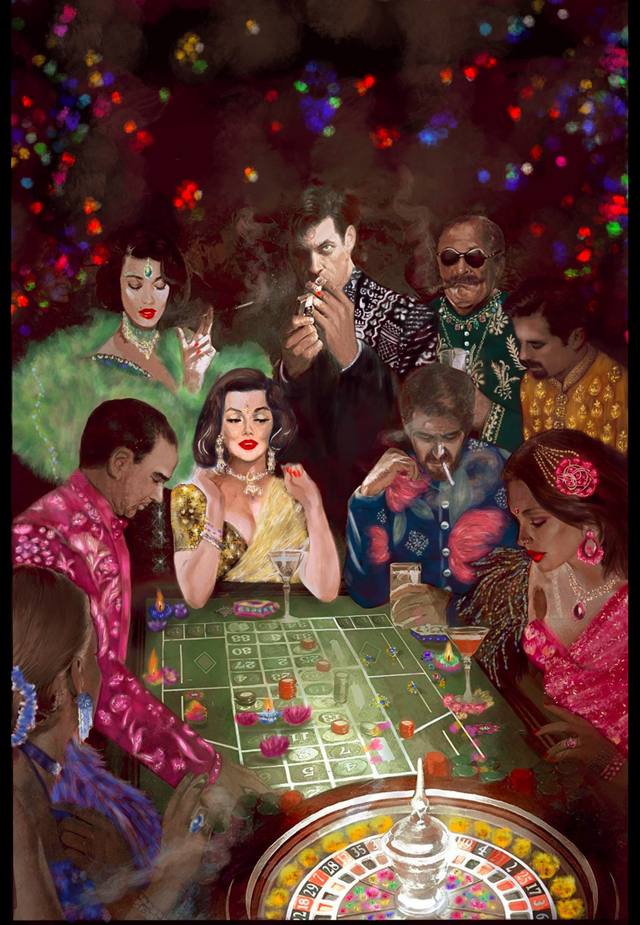 A dimly lit casino table seen from above, elegantly dressed figures gathered around a roulette wheel, with fireworks scattered across the dark background.