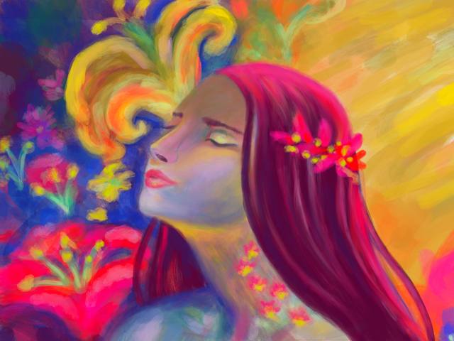 A woman in profile with deep red hair and flowers at her temple, against golden yellow and hot pink blooms.