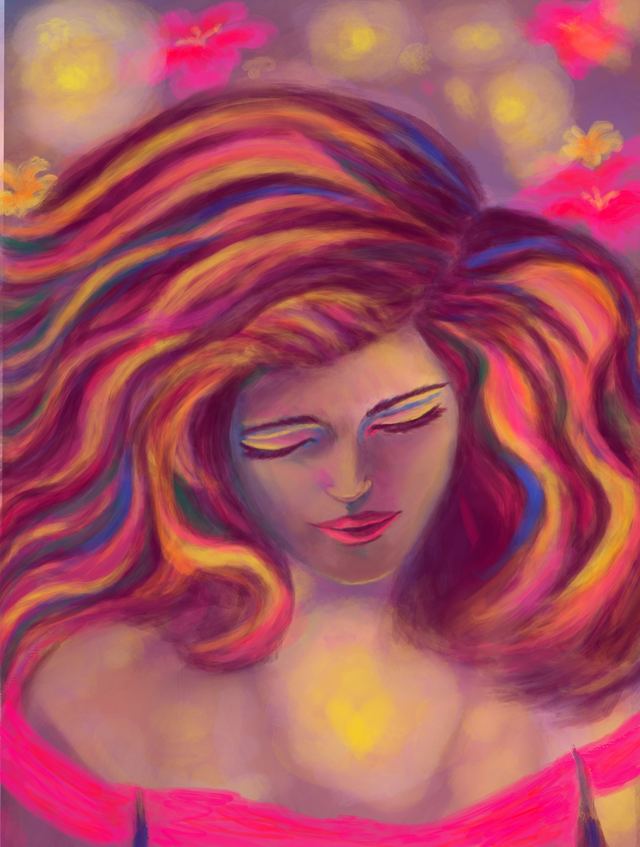 Electric Hideaway — A woman with eyes closed and copper hair spreading across the canvas, painted in warm pinks, purples and gold with points of glowing light.