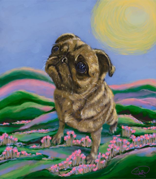 Ellie — A pug sitting in a rolling green and pink landscape, looking directly at the viewer beneath a large yellow moon.