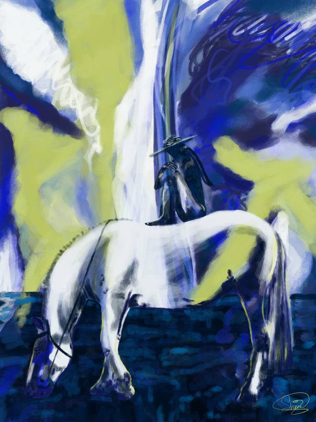 A white horse standing in shallow water, a small dark rider above it, beneath a burst of acid-yellow light against deep blue.