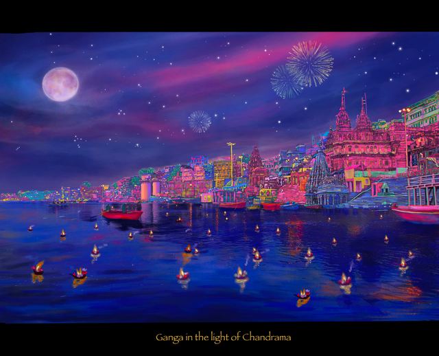 ganga in the moonlight — The Varanasi ghats at night beneath a full moon, temple silhouettes along the waterfront, small lamps floating on the dark river and fireworks overhead.