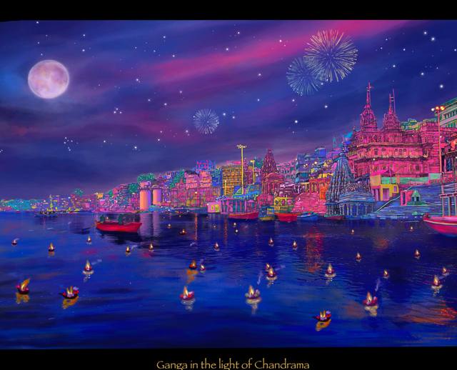 The Varanasi ghats at night beneath a full moon, temple silhouettes along the waterfront, small lamps floating on the dark river and fireworks overhead.