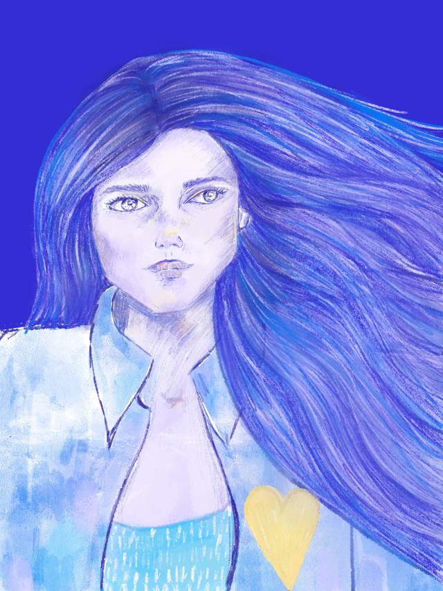 A pale portrait of a young woman in blues and white, her long hair streaming sideways, a single gold heart painted at her chest.