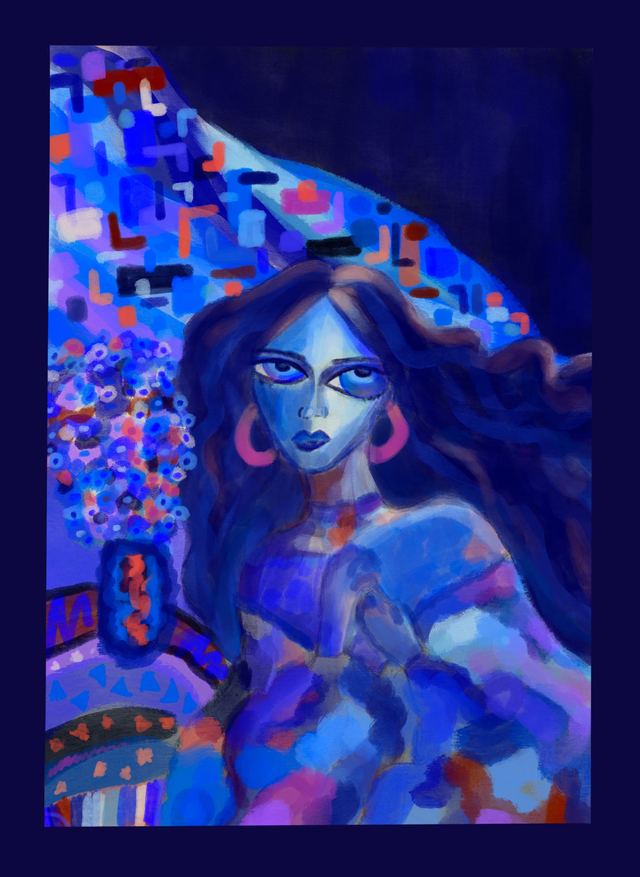 Haunted — A blue-skinned woman with large gold hoop earrings against a deep indigo ground broken up by mosaic-like patches of pattern.