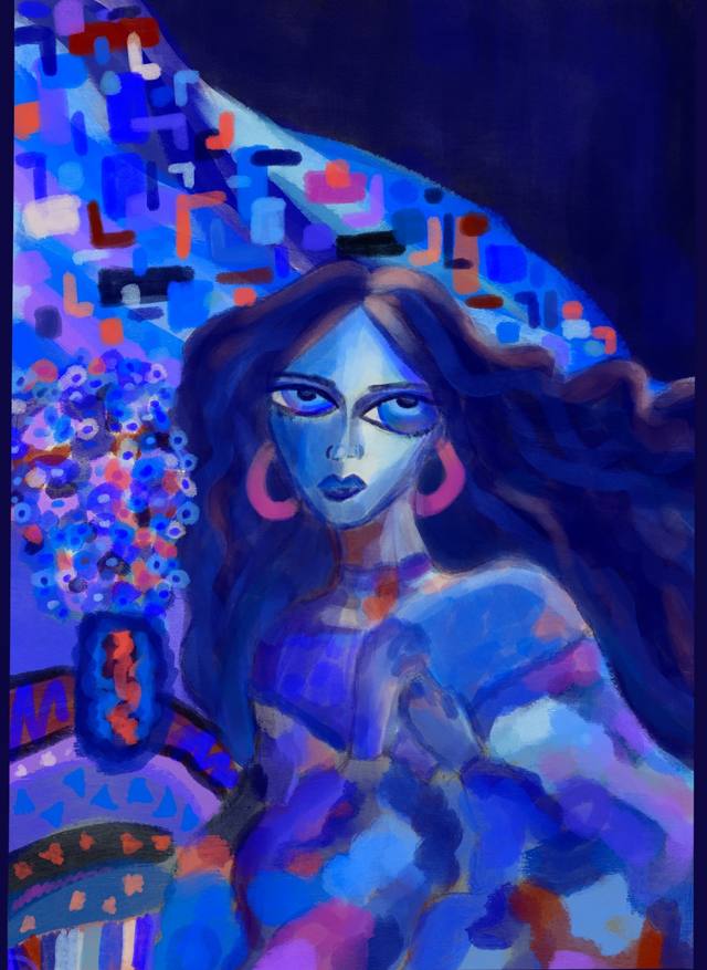 A blue-skinned woman with large gold hoop earrings against a deep indigo ground broken up by mosaic-like patches of pattern.