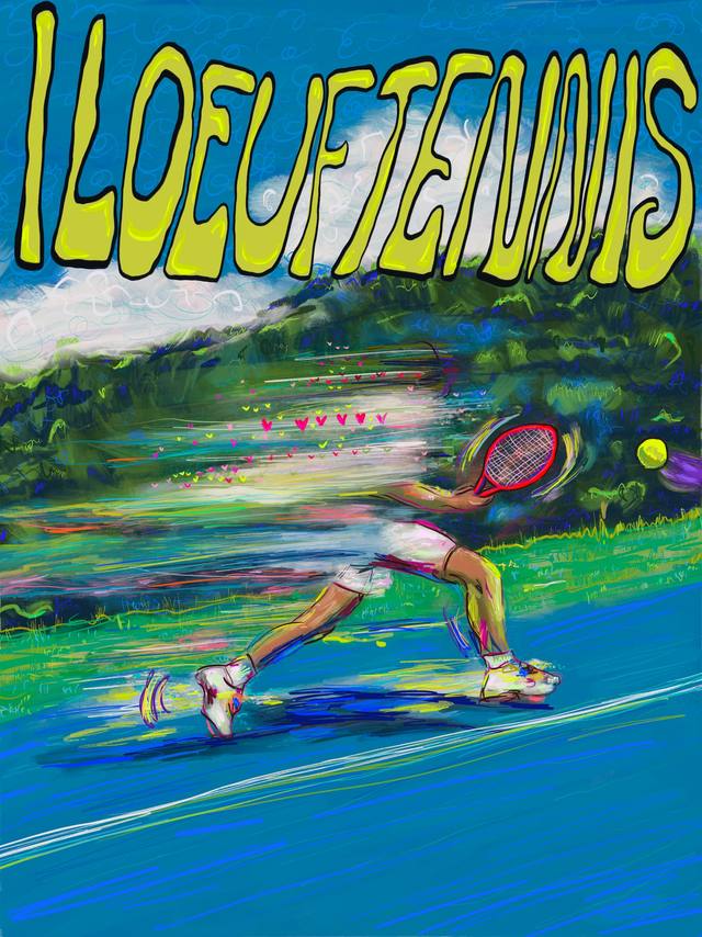 A tennis player lunging low for a shot on a blue court, painted in loose strokes, with I LOEUF TENNIS lettered in yellow across the sky.