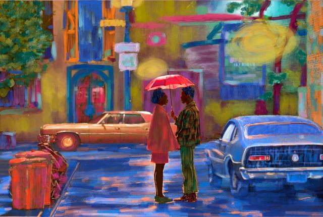 if beale street could talk — A rainy city street at dusk, two figures under a red umbrella between parked cars, painted in warm ochres and blues with wet reflections.