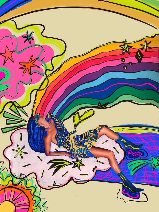 A woman reclining across a rainbow in a flat graphic style, surrounded by stars and flowers on a cream ground.