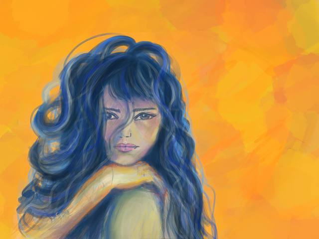 A young woman with long dark blue hair resting her chin on her arms, against a warm golden yellow background.