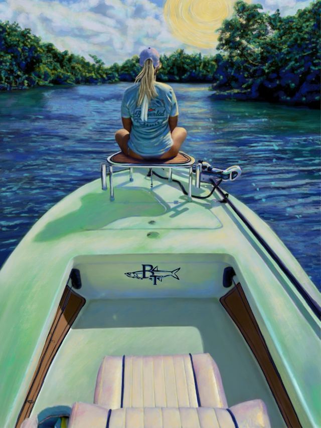 Jen — A woman sitting cross-legged at the bow of a pale green boat on a calm green river, seen from behind, trees on both banks.