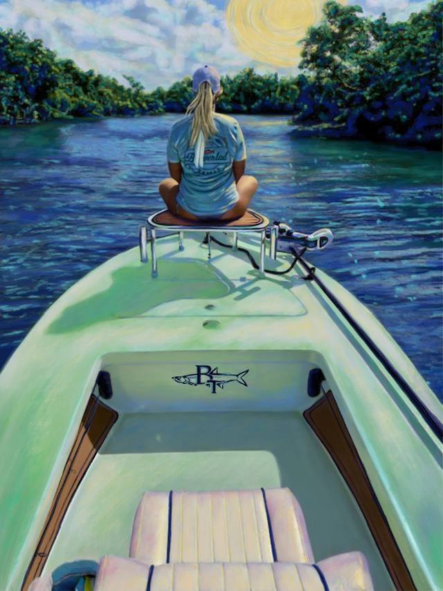 A woman sitting cross-legged at the bow of a pale green boat on a calm green river, seen from behind, trees on both banks.