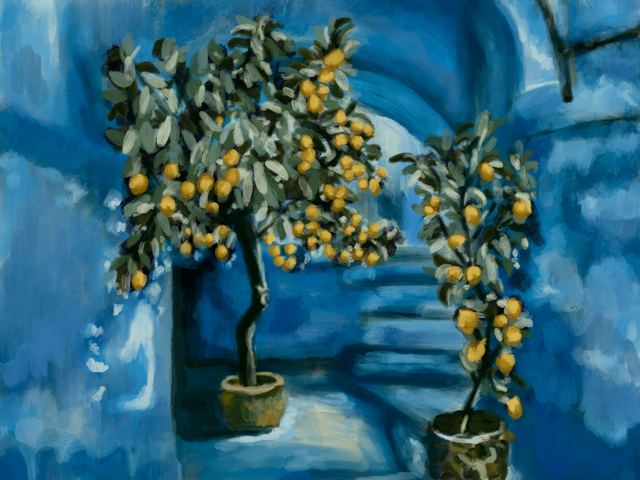 Life Gave Me Lemons — Two potted lemon trees heavy with fruit against a weathered stone wall, painted almost entirely in cool greys and blues.
