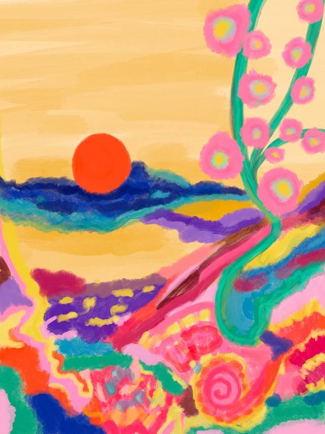 A stylised landscape at sunset, an orange sun low over blue and violet hills, with pink flowering vines curling up the right side.