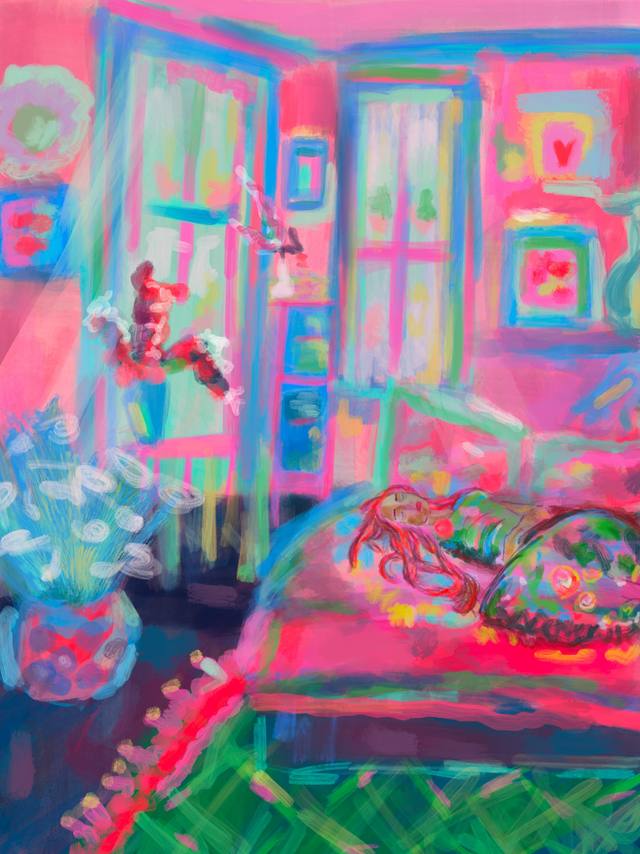 A brightly patterned interior in pinks, greens and blues, a figure stretched out along the lower edge, the space broken into flat decorative panels.