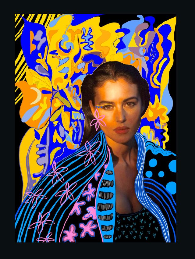 belluci — A portrait of Monica Bellucci on black, her shoulders wrapped in blue and pink pattern, framed by flat yellow and blue shapes.