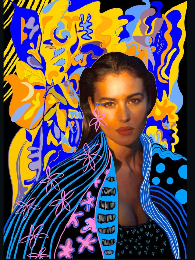 A portrait of Monica Bellucci on black, her shoulders wrapped in blue and pink pattern, framed by flat yellow and blue shapes.