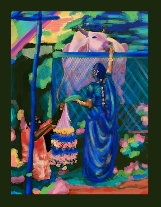 Nandi — A woman in a deep blue sari reaching up to a white bull behind a fence, painted against a dark green ground with pale flowers below.