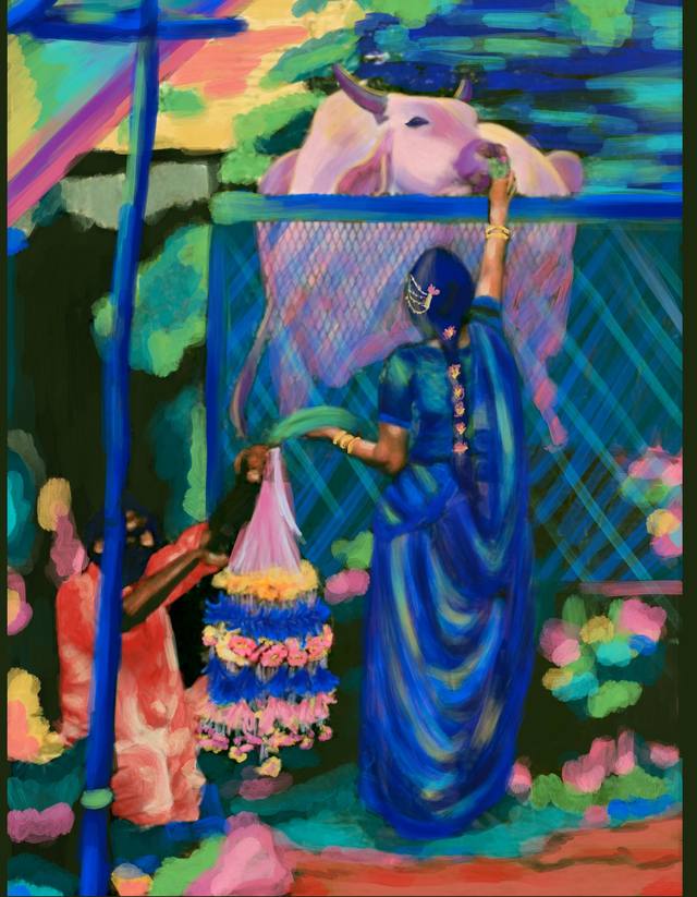 A woman in a deep blue sari reaching up to a white bull behind a fence, painted against a dark green ground with pale flowers below.