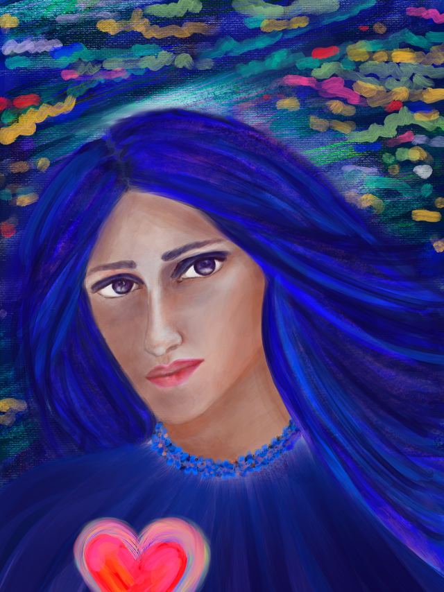 New Era — A close portrait of a woman with electric blue hair against a blue ground, a small glowing heart at the base of the canvas.