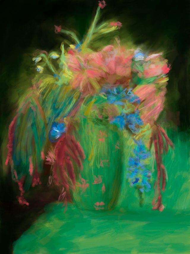 No Rules — A loose, almost abstract arrangement of flowers in pinks and greens dissolving into a dark olive background.
