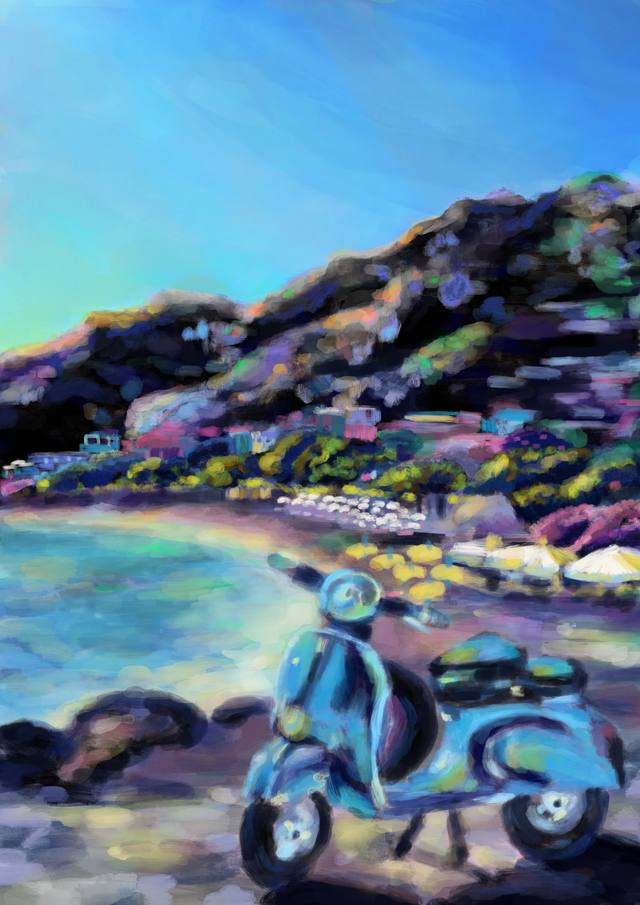 A pale blue scooter parked on rocks above a bay, dark cliffs behind and turquoise water beyond.