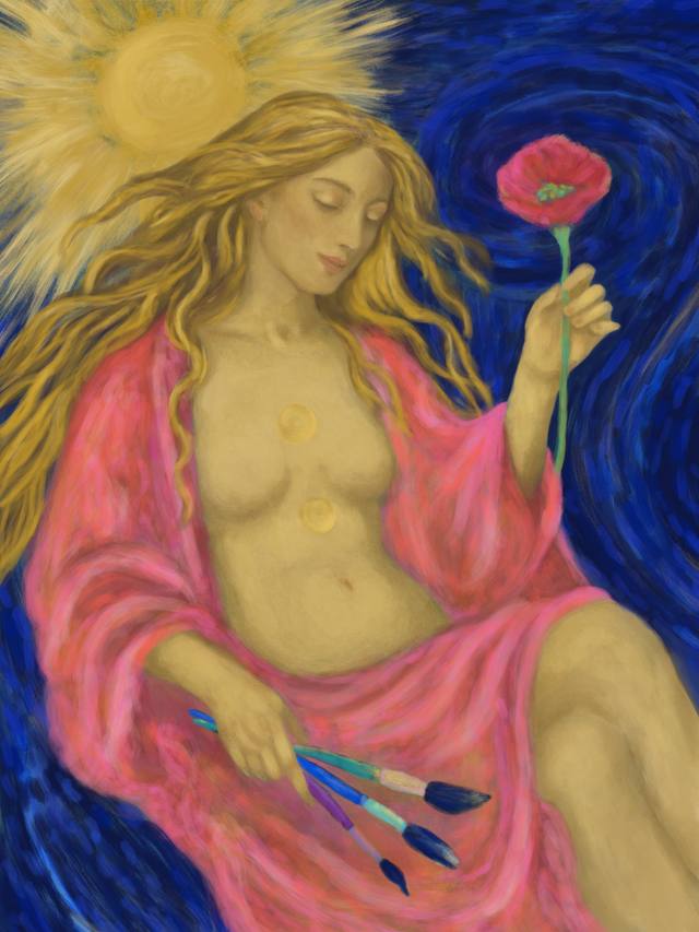 A woman in a coral-pink drape holding a red poppy, paintbrushes in her other hand, a golden sun behind her against deep blue.