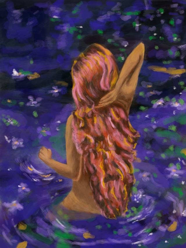 A woman seen from behind, waist-deep in dark starlit water, her long auburn hair falling down her back.