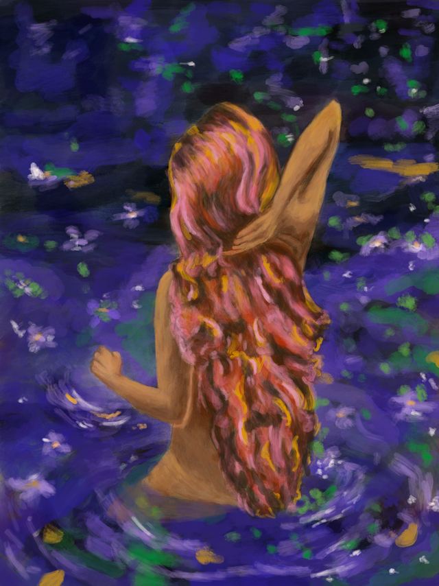 Peace Like A River — A woman seen from behind, waist-deep in dark starlit water, her long auburn hair falling down her back.