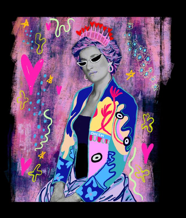 Queen Diana — A punk-styled portrait of Princess Diana in a crown and sunglasses, wearing a boldly patterned jacket, against a scratched pink and magenta ground scattered with hearts.