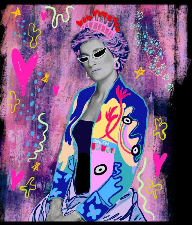 A punk-styled portrait of Princess Diana in a crown and sunglasses, wearing a boldly patterned jacket, against a scratched pink and magenta ground scattered with hearts.