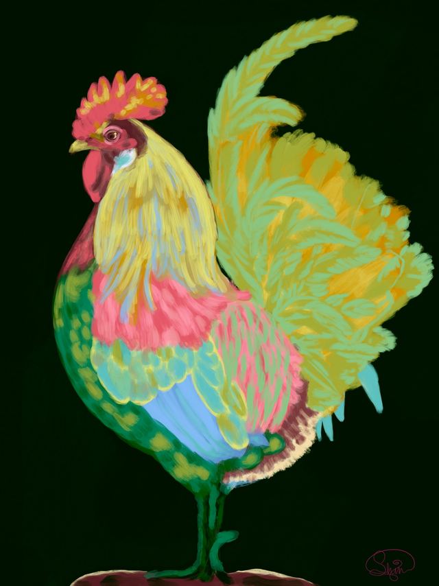 Rooster — A rooster in brilliant yellow, pink, green and blue plumage, standing against a flat dark green background.