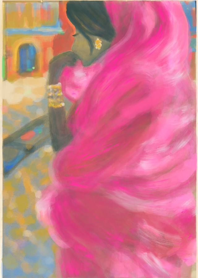 A woman in a wide magenta dress standing before a pale stone doorway, the fabric filling most of the canvas.
