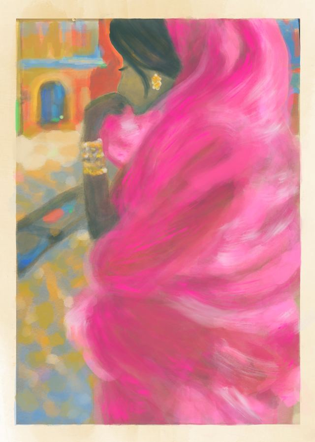She Is What She Dreams — A woman in a wide magenta dress standing before a pale stone doorway, the fabric filling most of the canvas.