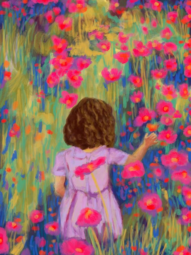 She'Ll Always Be With You — A small girl in a pink dress seen from behind, reaching into a meadow of red and coral flowers.