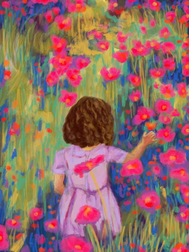 A small girl in a pink dress seen from behind, reaching into a meadow of red and coral flowers.