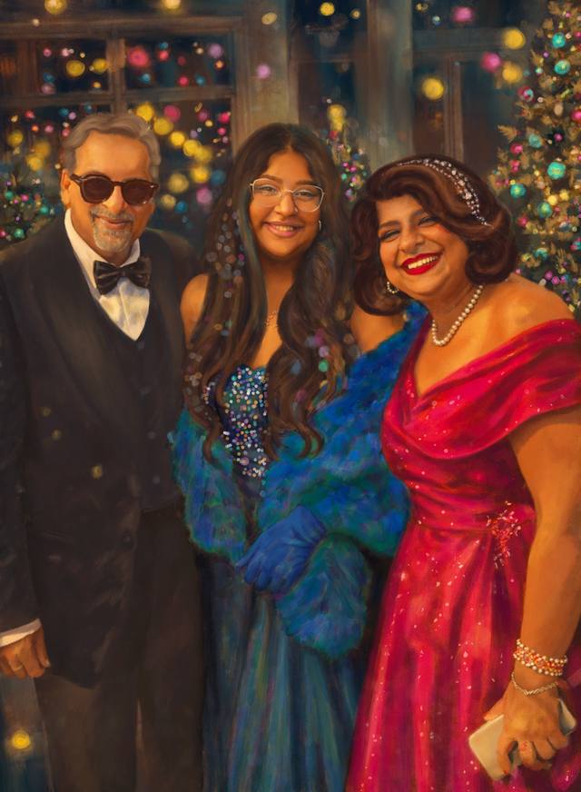 A family portrait of three people in evening dress — a man in a tuxedo and sunglasses, and two women in a blue and a red gown — before a window strung with warm lights.
