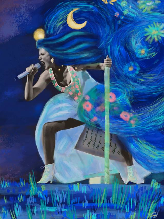 A singer mid-performance at a microphone stand, her dress and hair swirling into a starry blue night sky with a crescent moon.