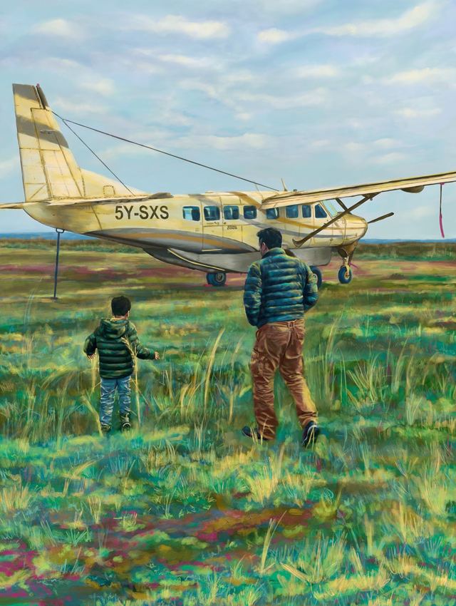 The Boys — Two boys walking away through tall grass towards a small parked aeroplane under a wide cloudy sky.
