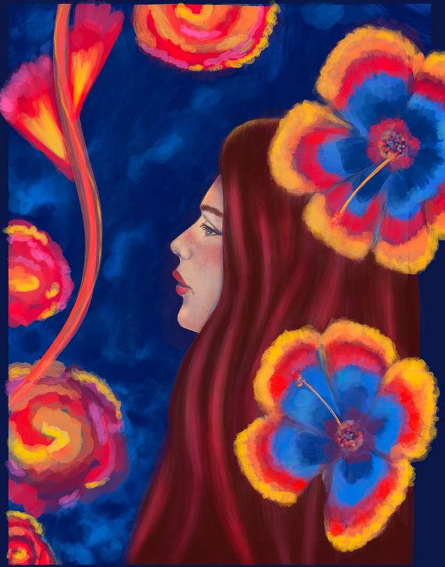 A woman in profile with dark red hair against deep blue, surrounded by oversized red and blue flowers outlined in gold.